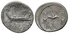 Roman Republic Coins Mark Antony, 32-31 BC. AR Legionary Denarius (18mm, 3.56g). Praetorian galley right / LEG XIIV, aquila between two standards. Note: Of the numbered legions, most are indicated sim