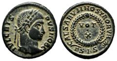Roman Imperial Coins Crispus, AD 320. AE Follis (18mm, 2.97g). Siscia. IVL CRISPVS NOB CAES, laureate head right / CAESARVM NOSTRORVM around laurel wreath containing VOT V. Mintmark ΓSIS. RIC 181.