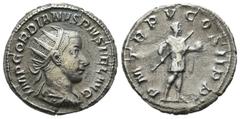 Roman Imperial Coins Gordian III. AD 241-243. AR Antoninianus (21mm, 3.64g). Rome. IMP GORDIANVS PIVS FEL AVG, radiate, draped and cuirassed bust right / P M TR P V COS II P P, emperor in military dre