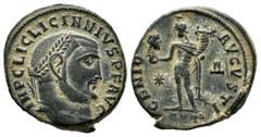 Roman Imperial Coins Maximinus II Daia, 310-313 AD. AE Follis (21mm, 4.62g). Antioch mint, 4th officina. Struck 312 AD. IMP C GAL VAL MAXIMINVS P F AVG, laureate head right / GENIO AVGVSTI, Genius sta