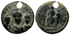 Roman Imperial Coins Theodosius I, with Arcadius and Honorius. Circa 402-408. AE (19mm, 2.70g). DDD NNN GGG, three diademed and draped imperial busts facing / EXAGIVM SOLIDI, helmeted Constantinopolis
