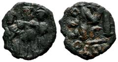 Byzantine Coins Heraclius with Heraclius Constantine, and Martina, 610-641 AD. AE Follis - 40 Nummi (19mm, 2.89g). Constantinople mint, 3rd. officina. Dated RY ?. Heraclius, in center, flanked by Mart