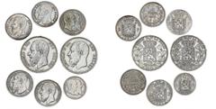 World coins Belgium Belgium, Leopold II, Franc 1880; 2 Francs 1867 (2), 1880, 1909 (2); 5 Francs 1870, 1873. (8) Ex. Julien Kints (1889-1941), Mouscron, Belgium. This auction lot was part of his coin 