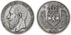 World coins Congo Congo, Leopold II, 2 Francs 1891, KM 7. VF-F Ex. Julien Kints (1889-1941), Mouscron, Belgium. This auction lot was part of his coin collection of around 2,000 pcs. that was exhibited