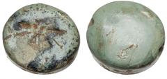 Ancient coins Artifacts Scaraboid seal stamp in green banded stone, winged deity, c. 9th - 7th cent., 18 mm x 17 mm x 7 mm
