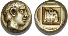 Coins - Ancient coins - Greece - The Cyclades Lesbos, Mytilene, 454 - 427 BC, Elektron Hekte, Bodenstedt 39, SNG Cop. 310 (same dies), 2.55 g - perfectly centered and a youthful portrait of very nice 