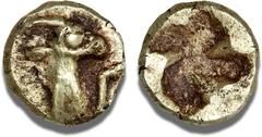 Coins - Ancient coins - Greece - Asia Minor Ionia, c. 550-500 BC, Electrum 1/24 Stater, Phocaic standard, Not published in the major collections, 0,67 g - Very Rare VF
