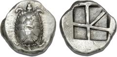 Coins - Ancient coins - Greece - Illyria and Central Greece Aegina, c. 457 - 431 BC, Stater, Milbank pl. II, 12, SNG Delepierre 1535, 12.52 g - the iconic land-turtle issue in a perfectly centered exa