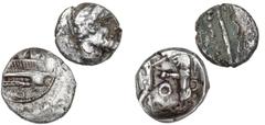 Ancient coins Ancient coins Greece The East Phoenicia Ancient Greece, Judaea. Samaria, Obol, c. 375-333 BC. Galley / Persian king battling lion, cf. Meshorer- Qedar 22, 199-201, 0.72 g; other Obol. (2