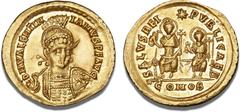 Ancient coins Roman Empire Valentinian III, 425 - 455 AD, Solidus, Constantinople, 2nd officina, 425 - 429 AD, SALVS REI PVBLICAE B, Theodosius II and Valentinian III enthroned, CONOB in exergue, RIC 