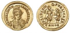 Ancient coins Ancient coins Roman Empire Roman Empire, Valentinian III, 425 - 455 AD, Solidus, Constantinople, 2nd officina, 425 - 429 AD, SALVS REI PVBLICAE B, Theodosius II and Valentinian III enthr