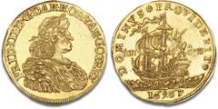 Denmark Frederik III, 1648–1670 2 dukat 1667, H 31, S 3, Aagaard 56 (66-1/66-1v), cf. F 112, 6,88 g - fremragende eksemplar af denne uhyre sjældne dobbeltdukat, der er en fornem repræsentant for barok