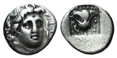 Greek Islands of Caria, Rhodos. Rhodes, c. 170-150 BC. AR Hemidrachm (11mm, 1.40g, 12h). ‘Plinthophoric’ coinage. Dionysios(?), magistrate. Radiate head of Helios facing slightly r. R/ Rose with bud t