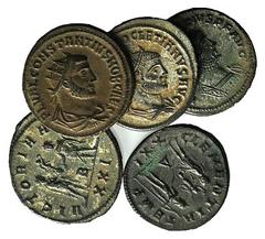 Multiple Lots Lot of 5 Roman Imperial Æ coins, Carinus, Diocletian and Constantius, to be catalog. Lot sold as is, no returns