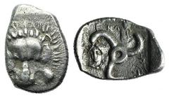 Greek Dynasts of Lycia, Mithrapata (c. 390-370 BC). AR Tetrobol (17mm, 3.04g, 9h). Facing lion's scalp. R/ Triskeles; facing head of Herakles to l.; all within incuse square. Cf. SNG von Aulock 4242 (