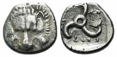 Greek Dynasts of Lycia, Mithrapata (c. 390-370 BC). AR Tetrobol (14.5mm, 3.06g). Facing lion’s scalp. R/ Triskeles; facing head of Herakles to l.; all within incuse square. Cf. SNG von Aulock 4242 (St