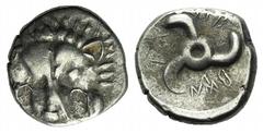 Greek Dynasts of Lycia, Trbbenimi (c. 380-370 BC). AR Tetrobol (14mm, 2.61g). Facing lion's scalp. R/ Triskeles. SNG von Aulock 4215. VF