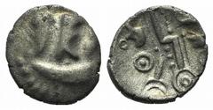 Celtic Celtic, Durotriges. Uninscribed, c. 45-40 BC. AR Quarter Stater (12mm, 0.77g, 12h). Three appendages hang from crescent. R/ Zigzag decorated with line of pellets. Van Arsden 1249-1. Scarce, lus