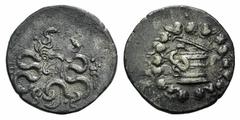 Greek Mysia, Pergamon, c. 104-98 BC. AR Cistophoric Tetradrachm (26mm, 12.56g, 12h). Cista mystica with serpent; all within ivy wreath. R/ Bow-case with serpents; Δ I above, serpent-entwined thyrsos r