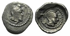 Greek Dynasts of Lycia, Ddenewele (c. 420/10-400 BC). AR Obol (9mm, 0.62g, 5h). Head r., wearing Persian tiara. R/ Helemeted head of Athena r. within incuse circle. Cf. SNG von Aulock 4182 (for simila