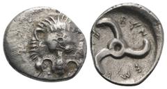 Greek Dynasts of Lycia, Trbbenimi (c. 380-370 BC). AR Tetrobol (15mm, 2.76g). Facing lion's scalp. R/ Triskeles. SNG von Aulock 4215. VF