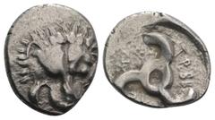 Greek Dynasts of Lycia, Trbbenimi (c. 380-370 BC). AR Tetrobol (15mm, 2.61g). Facing lion's scalp. R/ Triskeles. SNG von Aulock 4215. VF