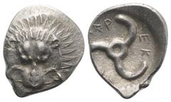 Greek Dynasts of Lycia, Perikles (c. 380-360 BC). AR Tetrobol (16mm, 2.84g). Facing lion’s scalp. R/ Triskeles within shallow incuse. SNG von Aulock 4254. VF