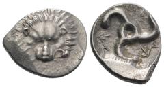 Greek Dynasts of Lycia, Perikles (c. 380-360 BC). AR Tetrobol (17mm, 2.80g). Facing lion’s scalp. R/ Triskeles within shallow incuse. SNG von Aulock 4254. VF