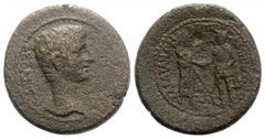 Roman Provincial Augustus (27 BC-AD 14). Lydia, Sardis. Æ (21mm, 6.53g, 12h). Homonoia with Pergamum. Mousaios, magistrate. Bare head r. R/ Tyche of Sardis and Demos of Pergamum, each holding sceptre,
