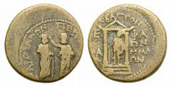 Roman Provincial Augustus with Caius and Lucius Caesars (27 BC-AD 14). Mysia, Pergamum. Æ (20mm, 4.61g, 11h). Kephalion, grammateus, c. AD 1. Demos of Pergamum standing slightly l., crowning Demos of 