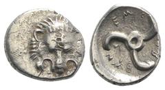 Greek Dynasts of Lycia, Trbbenimi (c. 380-370 BC). AR Tetrobol (15mm, 2.77g). Facing lion's scalp. R/ Triskeles. SNG von Aulock 4215. VF