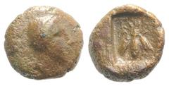 Greek Lycia, Telmessos, 2nd-1st centuries BC. Æ (11mm, 2.44g, 7h). Head of Hermes(?) r. R/ Bee; T-E across upper field; all within incuse square. SNG Copenhagen 135. Brown patina, near VF