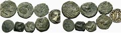 LOTES DE CONJUNTO MONEDAS HISPÁNICAS Imitaciones hispano romanas. Semis. AB R50 y 53(?). Junto a cuatro bronces de Obulco (semis y cuadrantes) y dos más romanas. BC a MBC. Lote de ocho piezas (8).