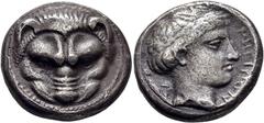 COLECCIÓN DE MONEDA GRIEGA DE PLATA / greek silver collection BRUTTIUM-RHEGION. Tetradracma. 350-270 a.C. Máscara de león de frente. Cabeza laureada de Apolo a derecha, delante ΡΗΓΙΝΟΝ y rama de olivo
