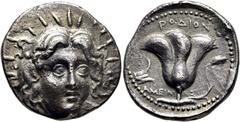 COLECCIÓN DE MONEDA GRIEGA DE PLATA / greek silver collection CARIA-RODAS. Tetradracma. 283-166 a.C. Cabeza refulgente de Helios de frente, ligeramente girada a la derecha. Rosa con capullo y proa de 