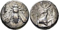 COLECCIÓN DE MONEDA GRIEGA DE PLATA / greek silver collection JONIA-ÉFESO. Tetradracma. 390-330 a.C. Abeja flanqueada por E? Φ. Prótomo de ciervo a derecha con la cabeza vuelta, detrás palmera con abu