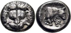 COLECCIÓN DE MONEDA GRIEGA DE PLATA / greek silver collection JONIA-SAMOS. Tetradracma. 394-365 a.C. Máscara de león de frente. Prótomo de toro a derecha y detrás rama de olivo; encima (ΗΓ)ΗΣΙΑΝ(ΑΣ) y