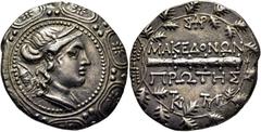 COLECCIÓN DE MONEDA GRIEGA DE PLATA / greek silver collection MACEDONIA-ANFÍPOLIS. Tetradracma. 158-149 a.C. Escudo macedónico mostrando en el centro el busto de Artemisa Tauropolos (la adorada en Tau