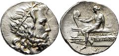 COLECCIÓN DE MONEDA GRIEGA DE PLATA / greek silver collection MACEDONIA. Antígonas III Dosón. Tetradracma. 229-221 a.C. Cabeza barbada de Poseidón a derecha. Apolo desnudo sentado sobre proa de nave a