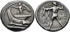COLECCIÓN DE MONEDA GRIEGA DE PLATA / greek silver collection MACEDONIA. Demetrios Poliorcetes. Tetradracma. 306-283 a.C. Niké tocando trompa sobre proa de nave a izquierda. Poseidón desnudo marchando