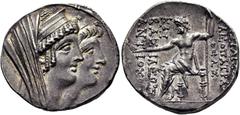 COLECCIÓN DE MONEDA GRIEGA DE PLATA / greek silver collection SELÉUCIDA IMPERIO. Alejandro II Zebina. Sidón. Tetradracma. 122-120 a.C. Cabezas a derecha acoladas de Cleopatra, diademada y velada, y de