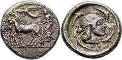 COLECCIÓN DE MONEDA GRIEGA DE PLATA / greek silver collection SICILIA-SIRACUSA. Tetradracma. 485-478 a.C. Biga a izquierda guiada por figura femenina diademada que lleva las riendas con una mano y lát