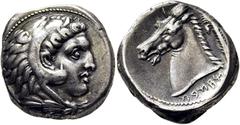 COLECCIÓN DE MONEDA GRIEGA DE PLATA / greek silver collection SICILIA. Dominación Cartaginesa. Tetradracma. 330-310 a.C. Cabeza de Herakles con leonté a derecha dentro de grafila de perlas. Prótomo de