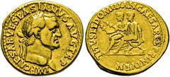MONEDAS ANTIGUAS / ancient coins IMPERIO ROMANO. Vespasiano. Lugdunum. Áureo. 71. Cabeza laureada del césar a derecha con ínfulas largas. IMP CAESAR VESPASIANVS AVG TR P. Tito y Domiciano sedentes a i