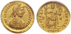 MONEDAS ROMANAS / ROMAN COINS VALENTINIANO III. Sólido. Rávena. 425-455. VICTORIA AVGGG. El emperador pisando cab. de bárbaro serpiente, portando cruz larga y Victoria. Cy8. C19. Prácticamente SC. Bue