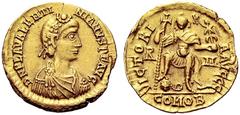 MONEDAS ROMANAS / ROMAN COINS VALENTINIANO III. Sólido. Roma. 425-455. VICTORIA AVGGG. El emperador entronizado pisando cab. de bárbaro con cruz larga y Victoria. Cy7. C19. Peso 4´4 grs. MBC+