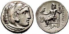 MONEDAS ANTIGUAS GRECIA Jonia, Islas de No.: 120 Starting Price - Precio de salida: EUR 200 322-319 a.C. Alejandro III Magno. Kolofon. Dracma. A/Cab. de Herakles con leonté. R/Zeus entronizado, delant