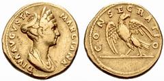 MONEDAS ANTIGUAS IMPERIO ROMANO Marciana No.: 299 Starting Price - Precio de salida: EUR 6000 114-117 d.C. Áureo. A/DIVA AVGVSTA MARCIANA. Busto diademado y revestido a der. R/CONSECRATIO. Águila impe