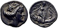 GRIEGAS / greek coins EUBEA-HISTRIA. Tetróbolo eubeo-ático. 197-146 a.C. Cabeza de la ninfa Histiaia de Menade coronada de pámpanos con racimos. Histiaia sedente a derecha sobre proa con stylis y acro