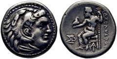 GRIEGAS / greek coins MACEDONIA. Alejandro III el Grande. Dracma eubeo-ático. 334-300 a.C. Cabeza de Heracles con leonté anudada con sus garras. Zeus entronizado con águila y cetro, bajo el brazo ΣD, 
